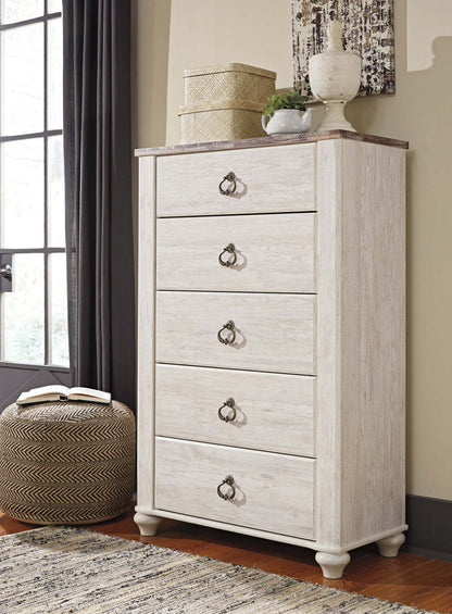 Commode de chambre Willowton, 5 tiroirs, 33,8 L x 52,8 H - Blanchi | Commode verticale Willowton de 33,8 po (L) x 52,8 po (H) à 5 tiroirs pour la chambre à coucher - blanc