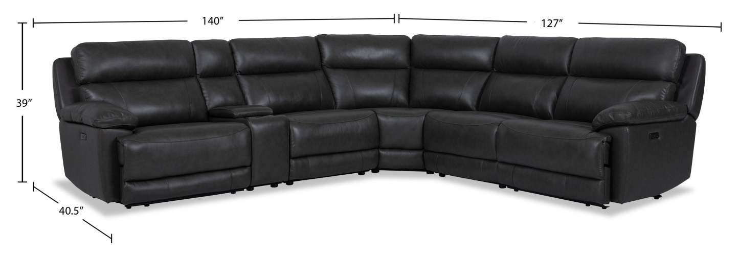 Sofa sectionnel à inclinaison électrique Sorrento 6 pièces en cuir véritable avec console de rangement et port USB - gris anthracite