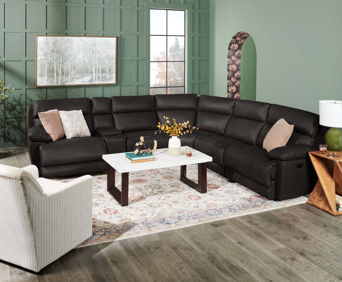 Sofa sectionnel à inclinaison électrique Sorrento 6 pièces en cuir véritable avec console de rangement et port USB - gris anthracite