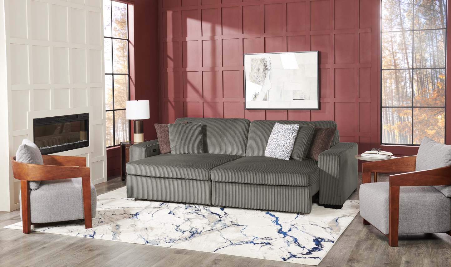 Canapé-lit pleine grandeur Stratus 108 en tissu fausse fourrure avec coulissement électrique - Gris brouillard | Canapé lit double Stratus de 108 po en tissu de fausse fourrure avec coulissement électrique - gris brouillard