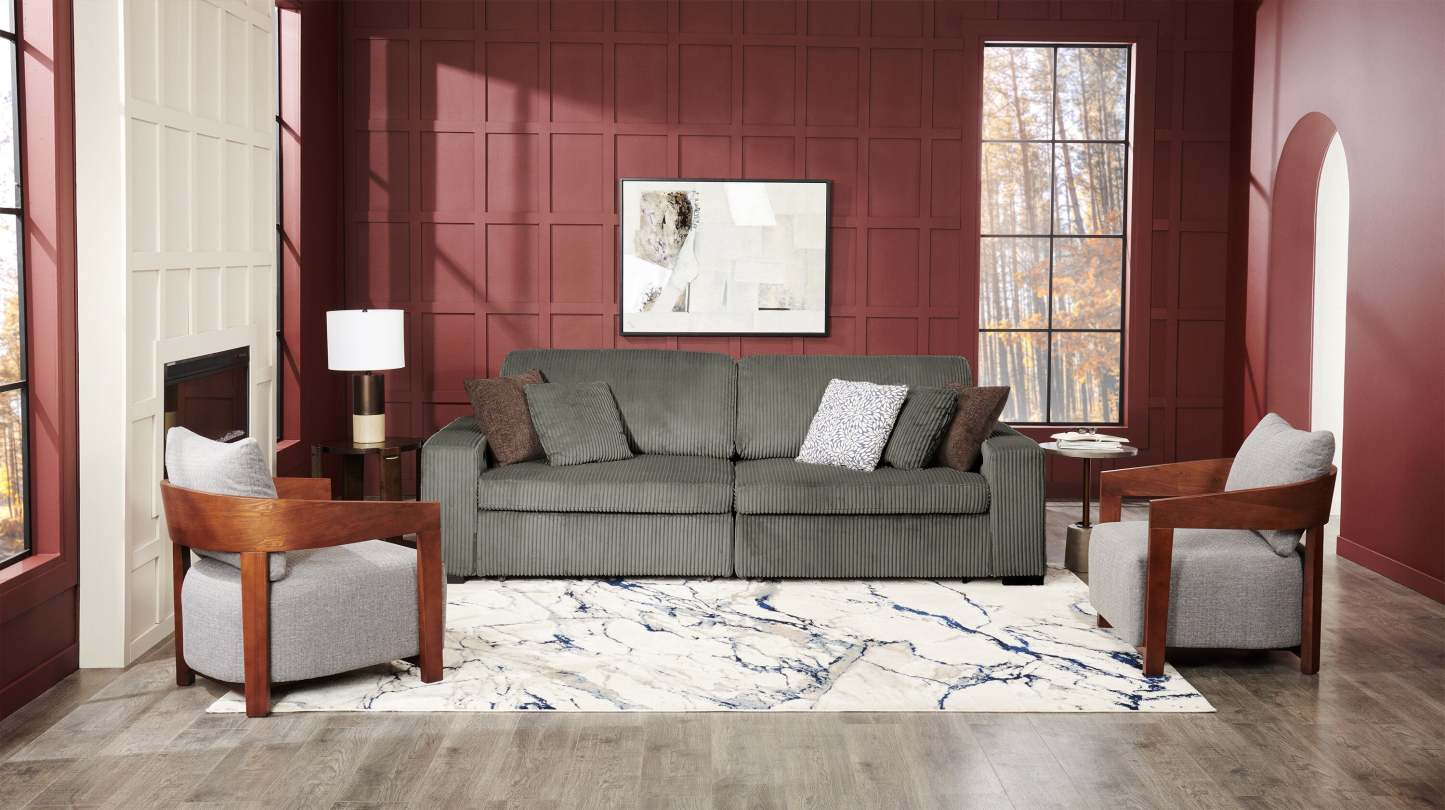 Canapé-lit pleine grandeur Stratus 108 en tissu fausse fourrure avec coulissement électrique - Gris brouillard | Canapé lit double Stratus de 108 po en tissu de fausse fourrure avec coulissement électrique - gris brouillard