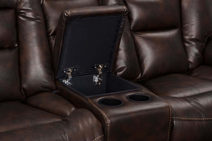 Sofa sectionnel inclinable Leo 5 pièces de style cinéma maison en similicuir avec consoles de rangement et porte-gobelets - brun noyer