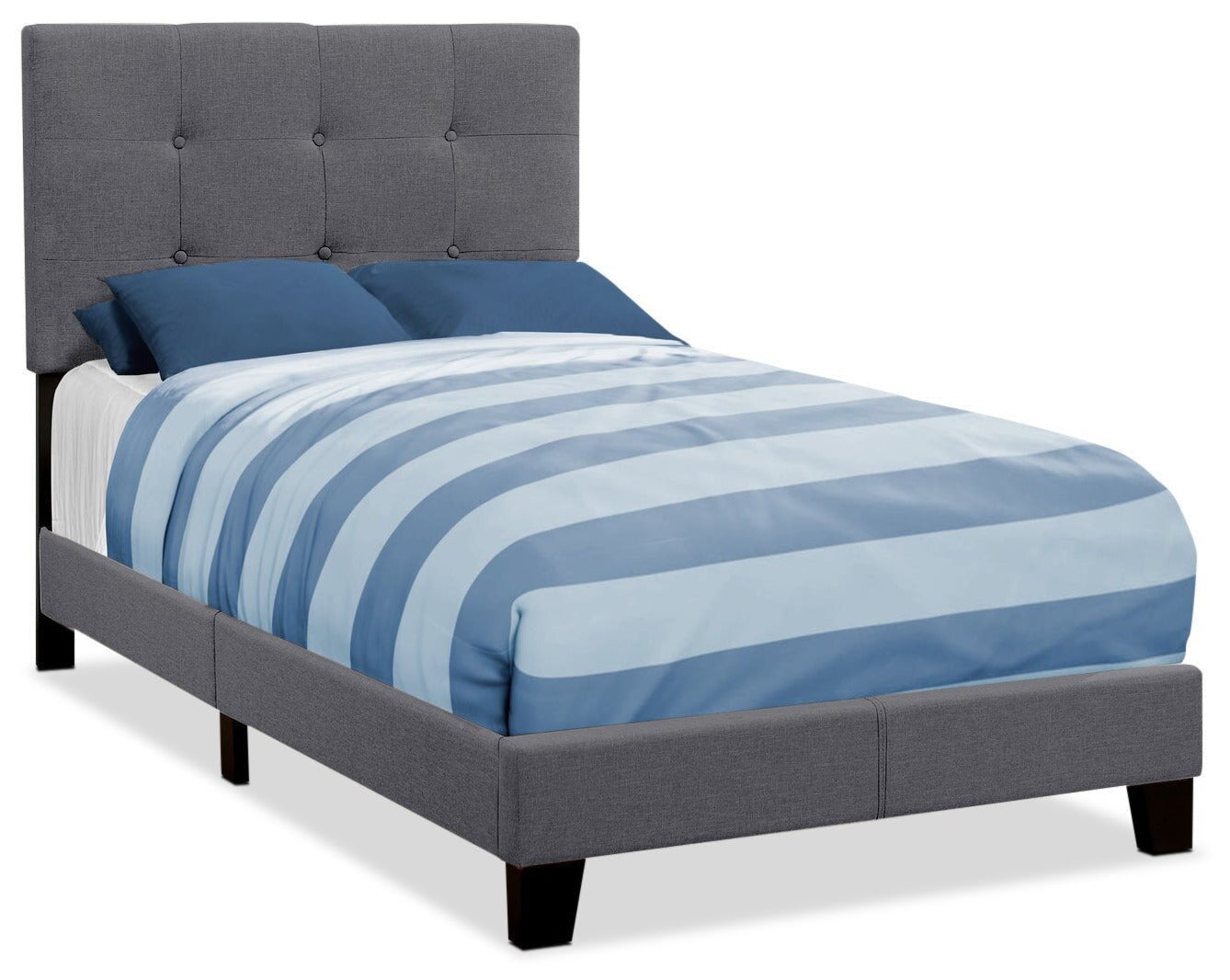 Lit rembourré Tara en tissu d'apparence lin gris, capitonné avec boutons - Taille simple | Lit rembourré Tara en tissu d'apparence lin gris avec capitonnage à boutons - format lit simple