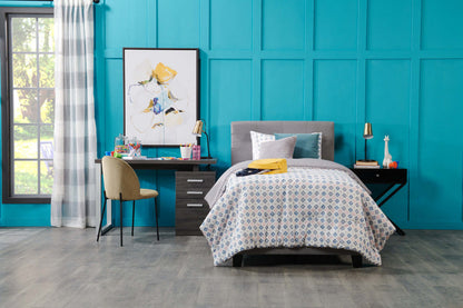 Lit rembourré Tara en tissu d'apparence lin gris, capitonné avec boutons - Taille simple | Lit rembourré Tara en tissu d'apparence lin gris avec capitonnage à boutons - format lit simple