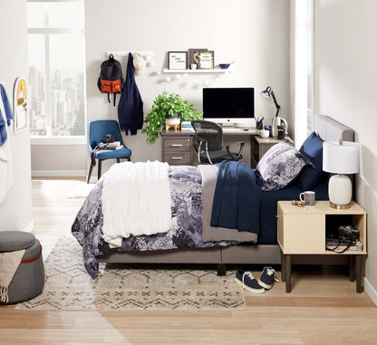 Lit rembourré Tara en tissu d'apparence lin gris, capitonné avec boutons - Taille simple | Lit rembourré Tara en tissu d'apparence lin gris avec capitonnage à boutons - format lit simple