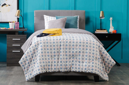 Lit rembourré Tara en tissu d'apparence lin gris, capitonné avec boutons - Taille simple | Lit rembourré Tara en tissu d'apparence lin gris avec capitonnage à boutons - format lit simple