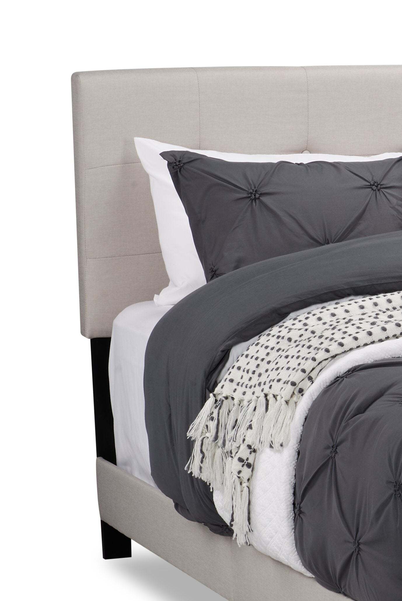 Lit rembourré Tara en tissu d'apparence lin beige, capitonné à boutons - Queen Size | Lit rembourré Tara en tissu d'apparence lin beige avec capitonnage à boutons - format grand lit