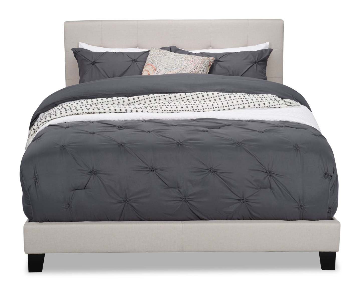 Lit rembourré Tara en tissu d'apparence lin beige, capitonné avec boutons - Pleine grandeur | Lit rembourré Tara en tissu d'apparence lin beige avec capitonnage à boutons - format lit double