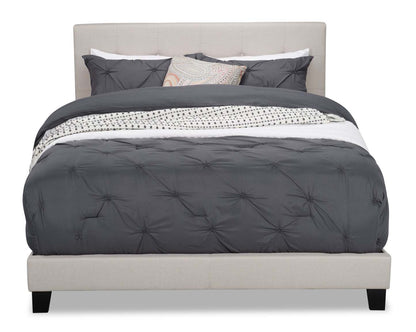 Lit rembourré Tara en tissu d'apparence lin beige, capitonné à boutons - Queen Size | Lit rembourré Tara en tissu d'apparence lin beige avec capitonnage à boutons - format grand lit