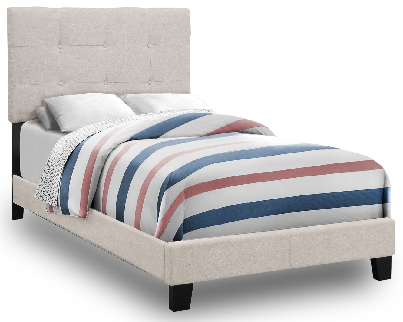 Lit rembourré Tara en tissu d'apparence lin beige, capitonné avec boutons - Taille simple | Lit rembourré Tara en tissu d'apparence lin beige avec capitonnage à boutons - format lit simple