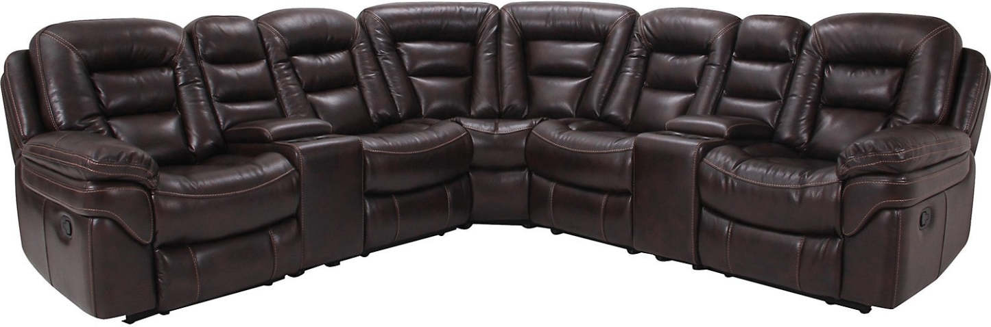 Sofa sectionnel inclinable Leo 7 pièces en tissu d’apparence cuir avec consoles de rangement et porte-gobelets - brun noyer