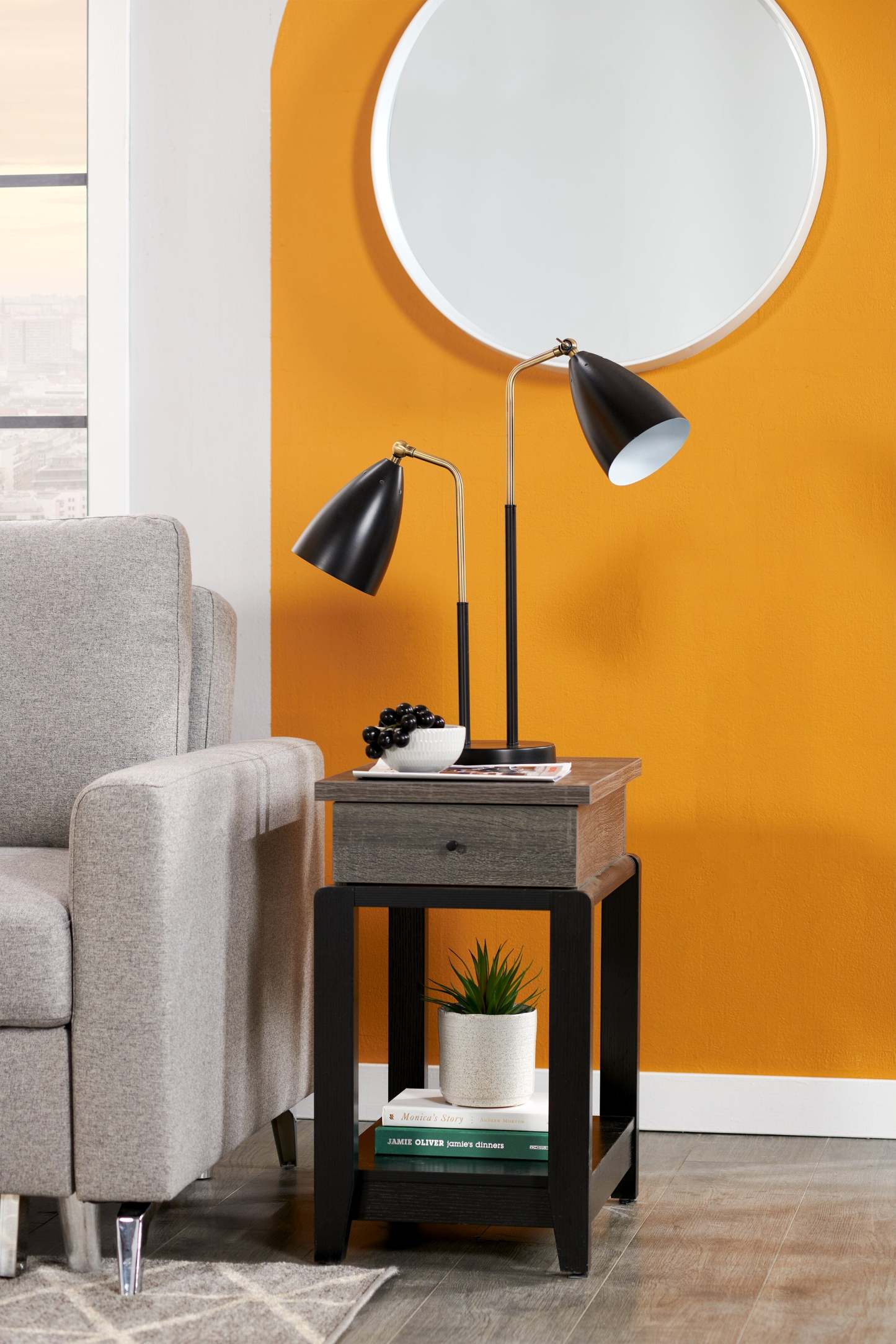 Table de fauteuil Torry de 13,75 po avec tiroir - gris vieilli