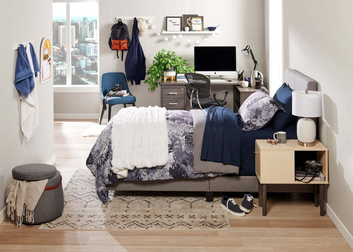 Pouf de rangement rond Vancouver de 18 po en tissu avec poignée - gris