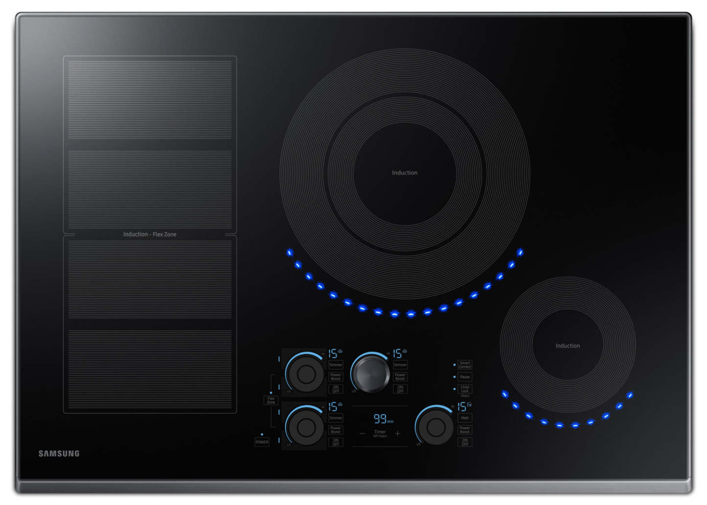 Surface de cuisson à induction intelligente Samsung de 30 po à 5 éléments avec zone polyvalente et technologie de flamme virtuelle™ - Noir Sta…
