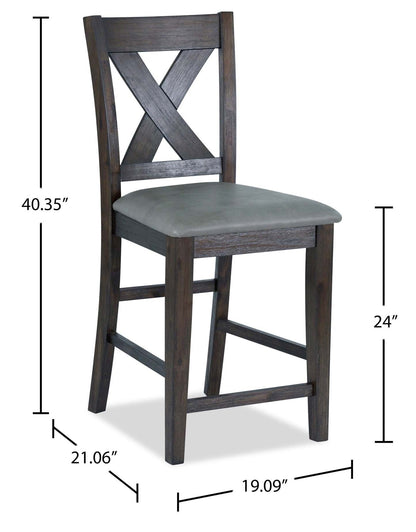 Chaise de salle à manger Tribeca à hauteur de comptoir avec tissu en cuir végétalien, dossier croisé - Gris/Marron | Chaise de salle à manger Tribeca de hauteur comptoir en tissu de cuir végétalien avec dossier entrecroisé - gris-brun