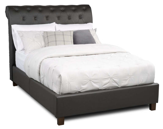 Lit plateforme rembourré Tulsa en tissu de cuir végétalien gris, capitonné avec boutons - Pleine grandeur | Lit plateforme rembourré Tulsa en tissu de cuir végétalien gris avec capitonnage à boutons - format lit double