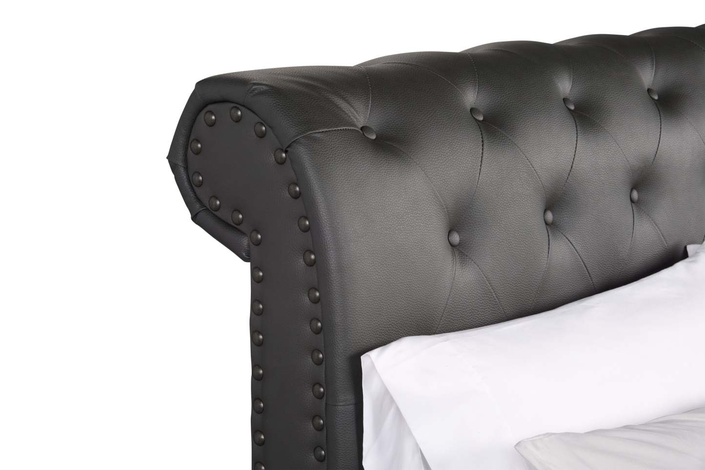 Lit plateforme rembourré Tulsa en tissu de cuir végétalien gris, capitonné à boutons - Queen Size | Lit plateforme rembourré Tulsa en tissu de cuir végétalien gris avec capitonnage à boutons - format grand lit