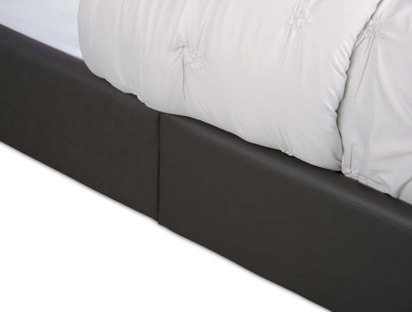 Lit plateforme rembourré Tulsa en tissu de cuir végétalien gris, capitonné avec boutons - Pleine grandeur | Lit plateforme rembourré Tulsa en tissu de cuir végétalien gris avec capitonnage à boutons - format lit double