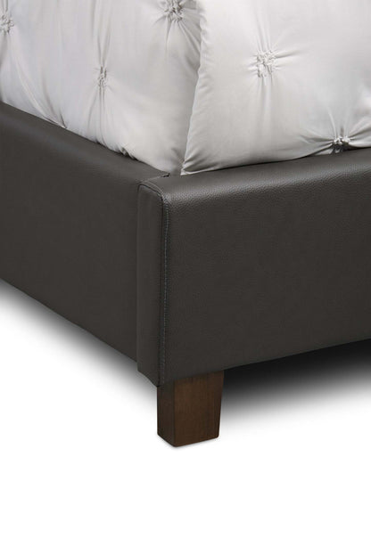 Lit plateforme rembourré Tulsa en tissu de cuir végétalien gris, capitonné à boutons - Queen Size | Lit plateforme rembourré Tulsa en tissu de cuir végétalien gris avec capitonnage à boutons - format grand lit