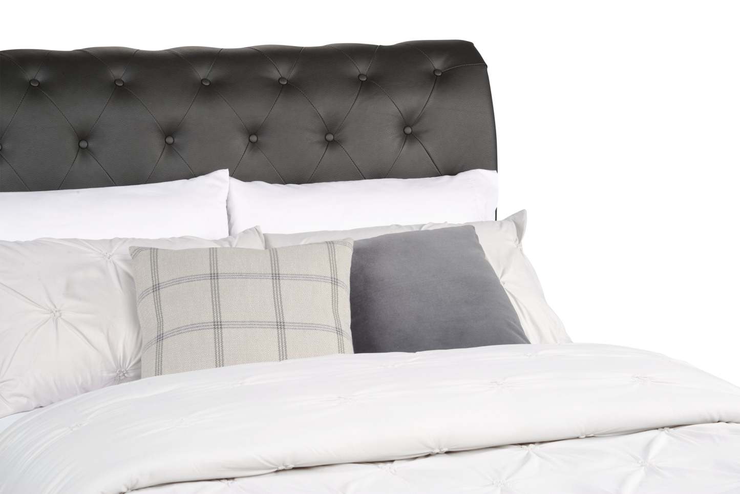 Lit plateforme rembourré Tulsa en tissu de cuir végétalien gris, capitonné avec boutons - Pleine grandeur | Lit plateforme rembourré Tulsa en tissu de cuir végétalien gris avec capitonnage à boutons - format lit double