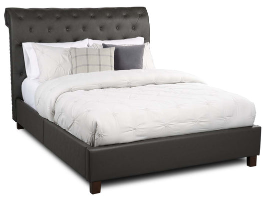 Lit plateforme rembourré Tulsa en tissu de cuir végétalien gris, capitonné à boutons - Queen Size | Lit plateforme rembourré Tulsa en tissu de cuir végétalien gris avec capitonnage à boutons - format grand lit