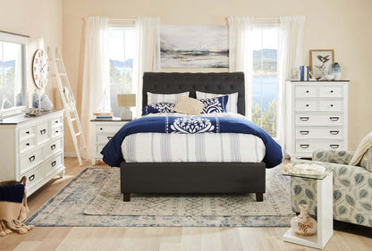 Lit plateforme rembourré Tulsa en tissu de cuir végétalien gris, capitonné à boutons - Queen Size | Lit plateforme rembourré Tulsa en tissu de cuir végétalien gris avec capitonnage à boutons - format grand lit