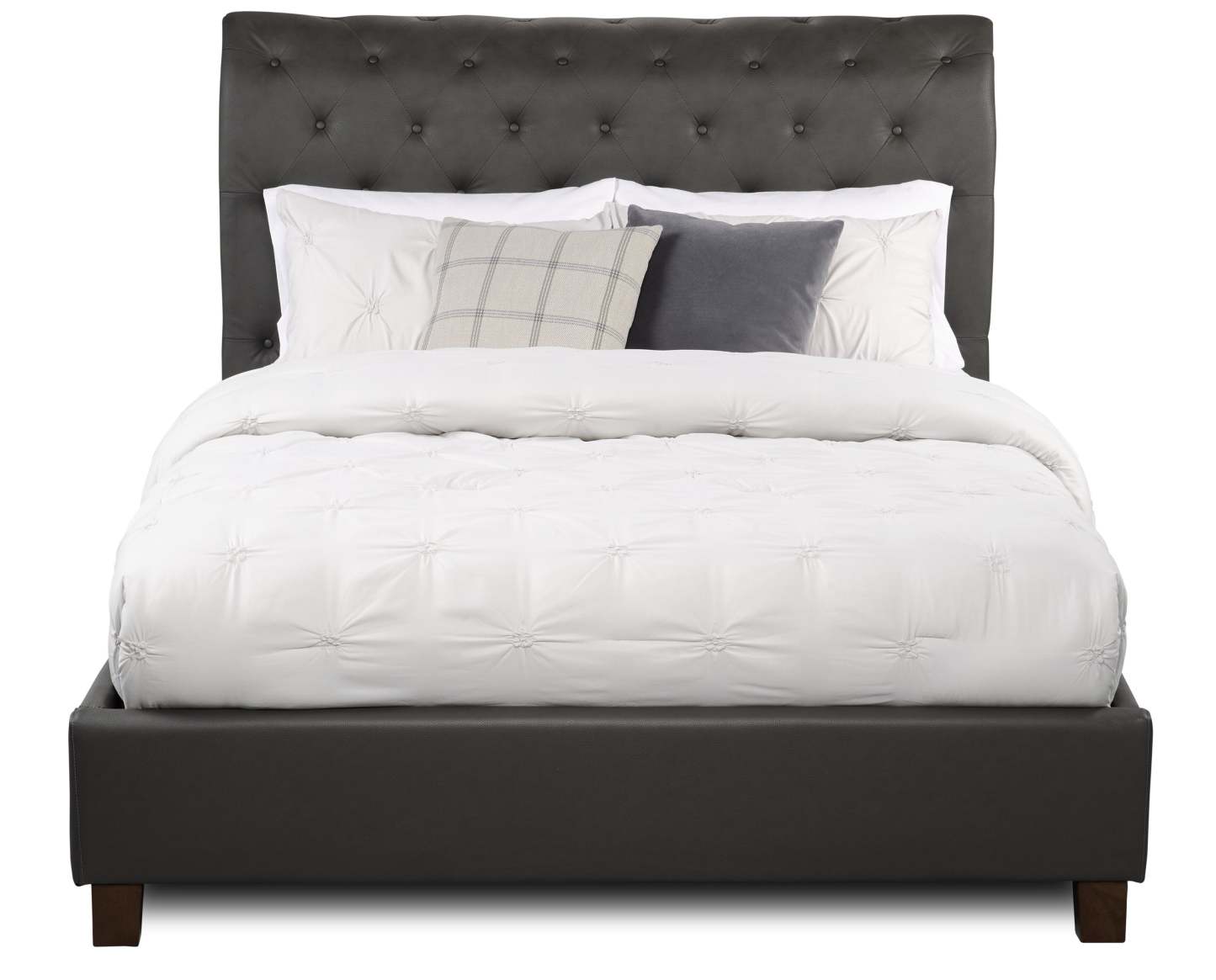 Lit plateforme rembourré Tulsa en tissu de cuir végétalien gris, capitonné à boutons - Queen Size | Lit plateforme rembourré Tulsa en tissu de cuir végétalien gris avec capitonnage à boutons - format grand lit
