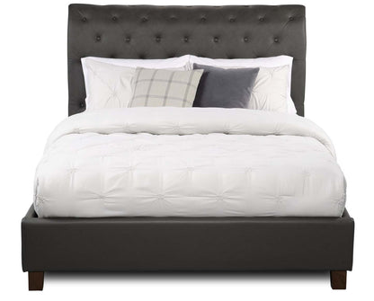 Lit plateforme rembourré Tulsa en tissu de cuir végétalien gris, capitonné à boutons - Queen Size | Lit plateforme rembourré Tulsa en tissu de cuir végétalien gris avec capitonnage à boutons - format grand lit