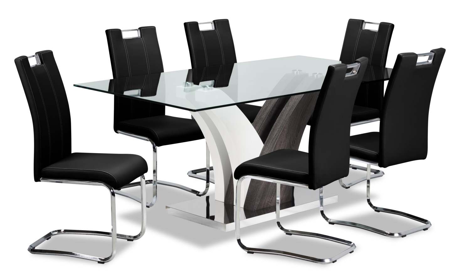 Ensemble de salle à manger Tuxedo 7 pièces avec table de 72 po (L), dessus en verre, base piédestal et 6 chaises - noir