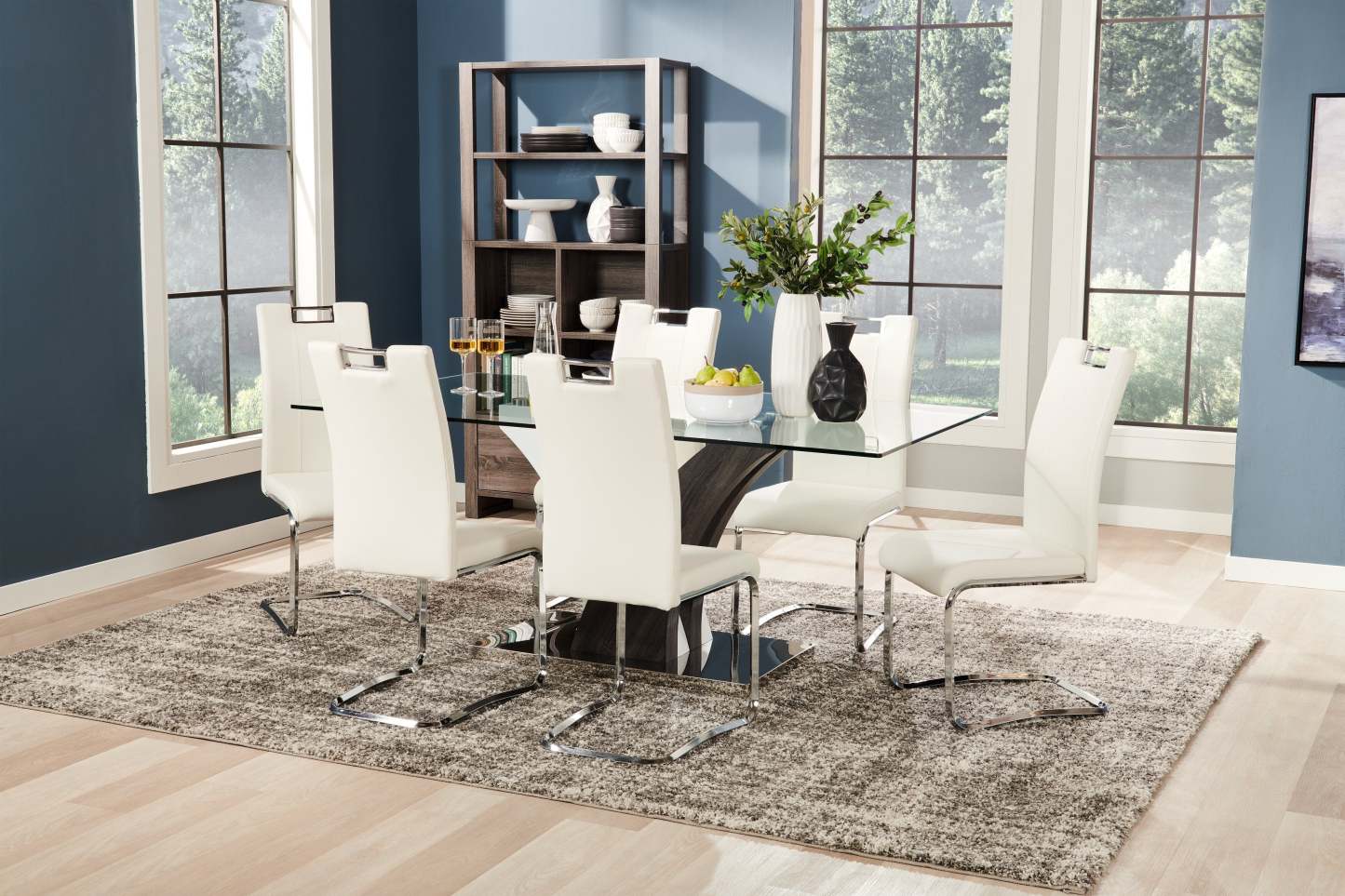 Ensemble de salle à manger Tuxedo 7 pièces avec table de 72 po (L), dessus en verre, piètement piédestal et 6 chaises - blanc