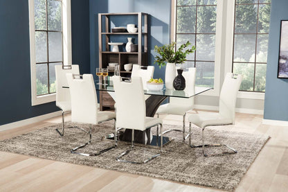 Ensemble de salle à manger Tuxedo 7 pièces avec table de 72 po (L), dessus en verre, piètement piédestal et 6 chaises - blanc