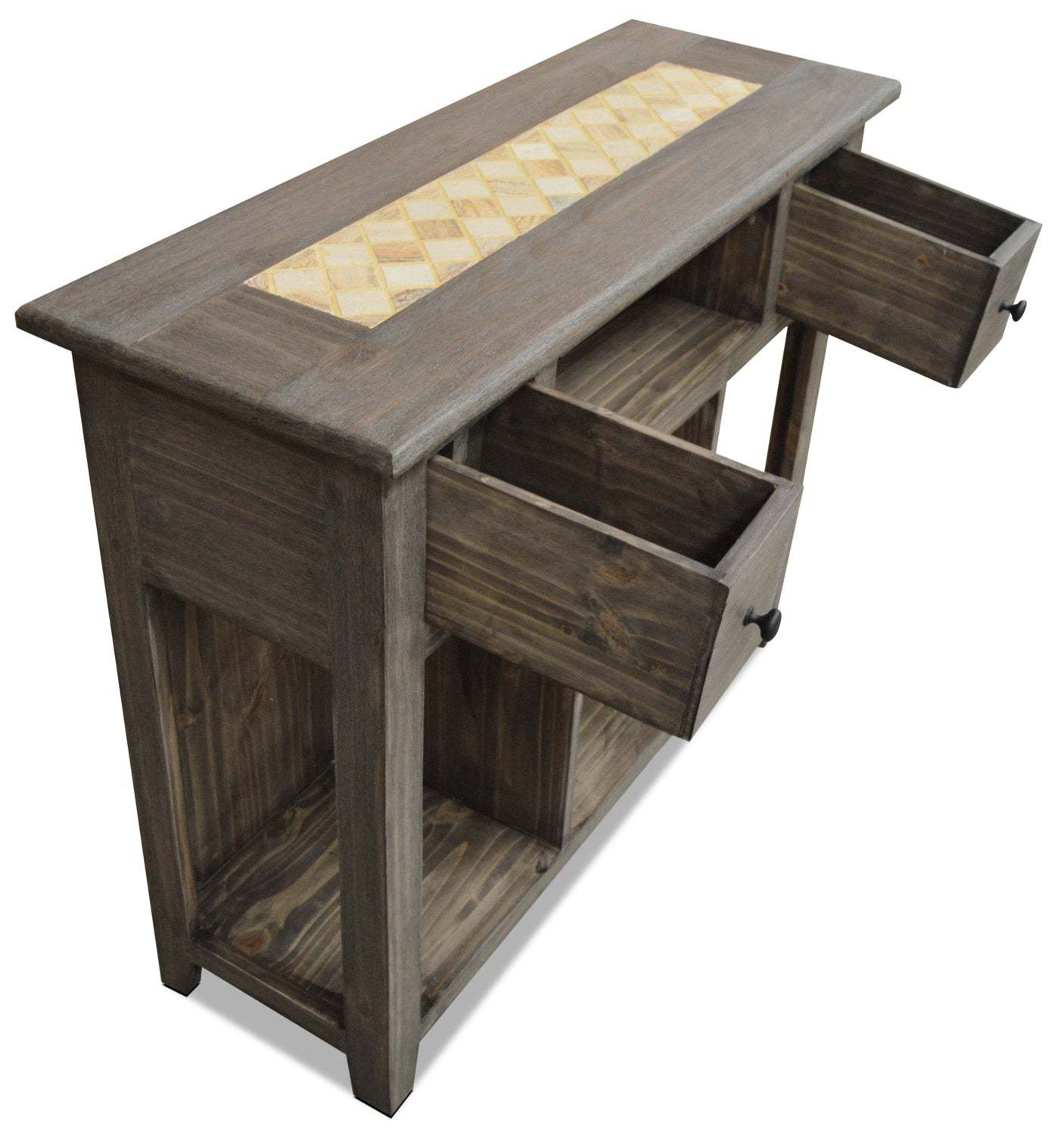 Santa Fe Rustico 43.25 Table de canapé rustique avec rangement et étagère - Pin gris avec insert en marbre|Table de salon rustique Santa Fe Rustico de 43,25 po avec rangement et tablette - pin gris avec incrustation de marbre