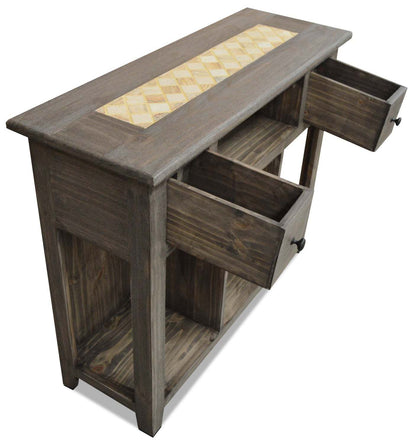 Santa Fe Rustico 43.25 Table de canapé rustique avec rangement et étagère - Pin gris avec insert en marbre|Table de salon rustique Santa Fe Rustico de 43,25 po avec rangement et tablette - pin gris avec incrustation de marbre