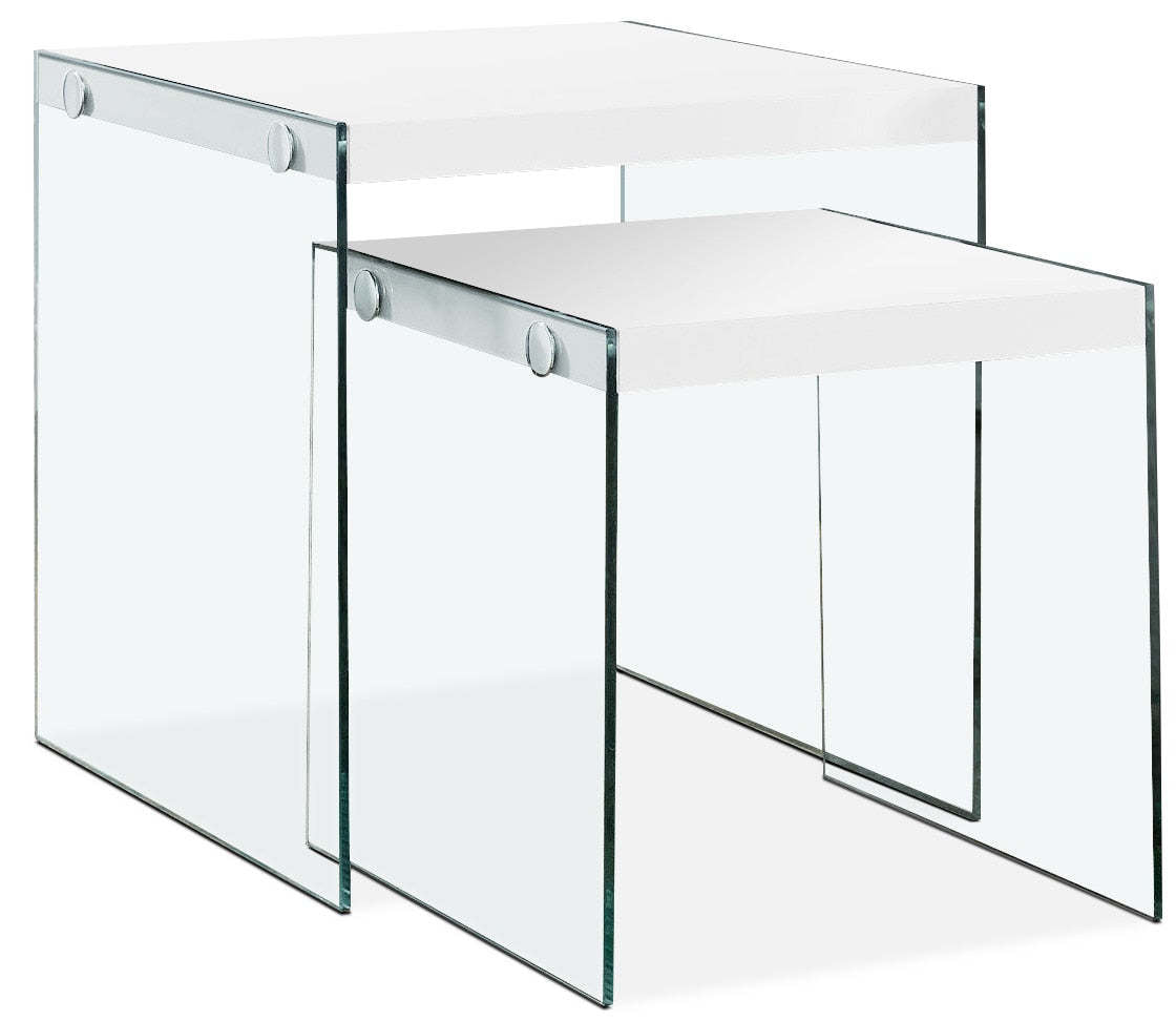 Waterford 19.75 Modern 2-Pack Nesting End Tables - White with Glass Legs|2 tables de bout gigognes modernes Waterford de 19,75 po - blanches avec pattes en verre
