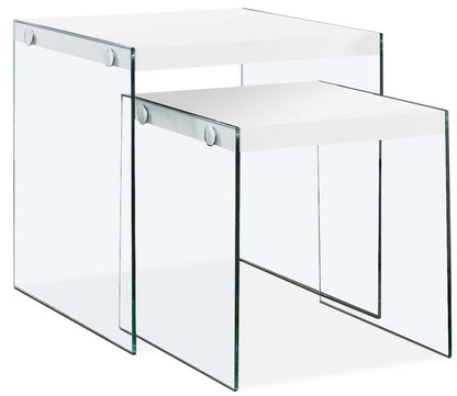 Waterford 19.75 Modern 2-Pack Nesting End Tables - White with Glass Legs|2 tables de bout gigognes modernes Waterford de 19,75 po - blanches avec pattes en verre