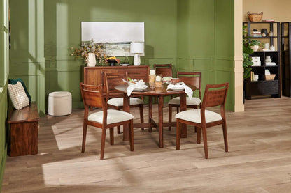 Chaise de salle à manger Vale avec tissu en polyester, bois, dossier en échelle - Marron et beige | Chaise de salle à manger Vale en tissu de polyester et en bois avec dossier en échelle - marron et beige