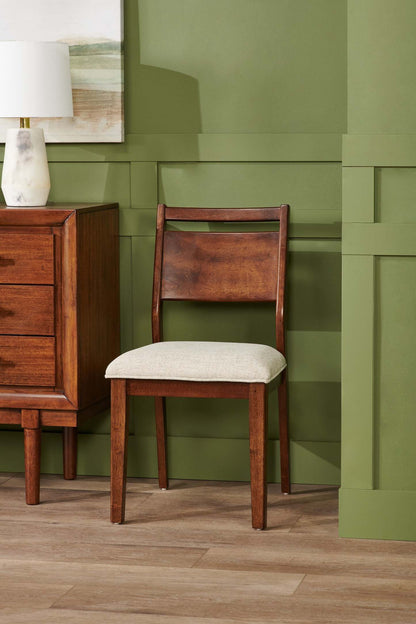 Chaise de salle à manger Vale avec tissu en polyester, bois, dossier en échelle - Marron et beige | Chaise de salle à manger Vale en tissu de polyester et en bois avec dossier en échelle - marron et beige