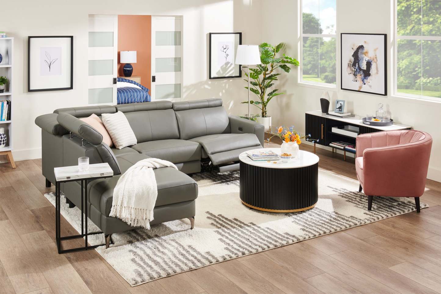 Sofa sectionnel de gauche à inclinaison électrique Valentino 3 pièces en cuir véritable avec appuie-têtes réglables - gris