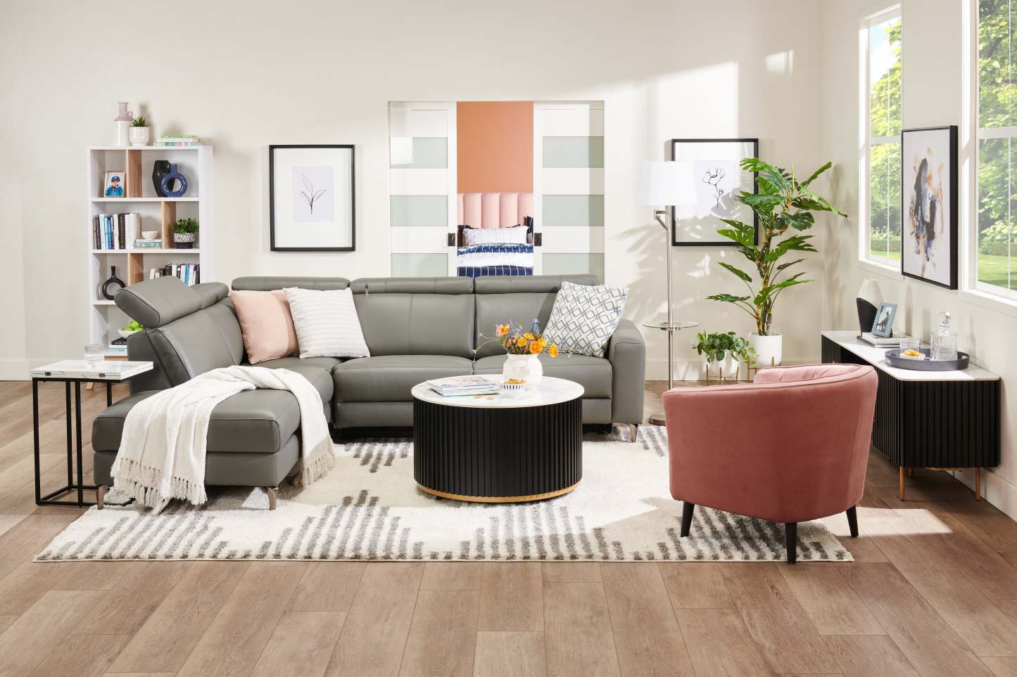 Sofa sectionnel de gauche à inclinaison électrique Valentino 3 pièces en cuir véritable avec appuie-têtes réglables - gris