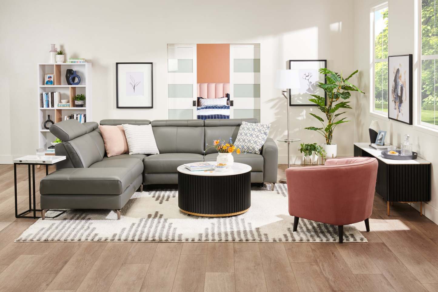 Sofa sectionnel de gauche à inclinaison électrique Valentino 3 pièces en cuir véritable avec appuie-têtes réglables - gris