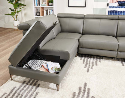 Sofa sectionnel de gauche à inclinaison électrique Valentino 3 pièces en cuir véritable avec appuie-têtes réglables - gris