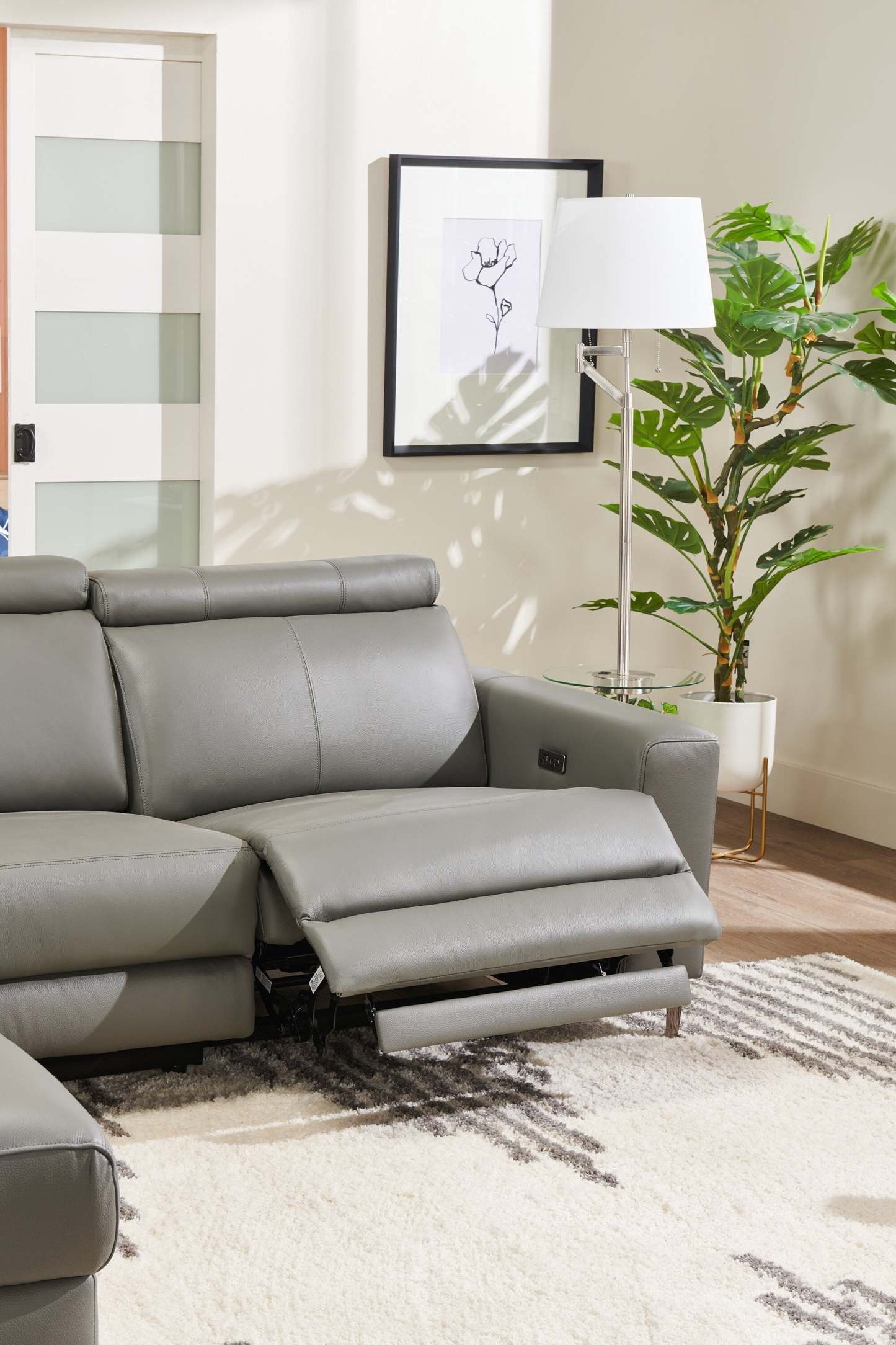 Sofa sectionnel de gauche à inclinaison électrique Valentino 3 pièces en cuir véritable avec appuie-têtes réglables - gris
