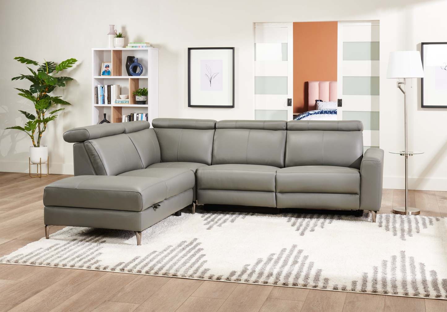 Sofa sectionnel de gauche à inclinaison électrique Valentino 3 pièces en cuir véritable avec appuie-têtes réglables - gris