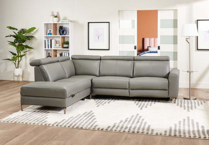 Sofa sectionnel de gauche à inclinaison électrique Valentino 3 pièces en cuir véritable avec appuie-têtes réglables - gris