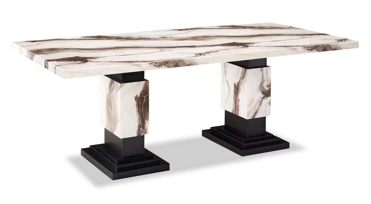 Table à manger Vega, aspect marbre, base sur pied, 82 W - Noir et blanc | Table de salle à manger Vega de 82 po (L) avec imitation de marbre et socle piédestal - noire et blanche