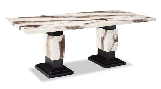 Table à manger Vega, aspect marbre, base sur pied, 82 W - Noir et blanc | Table de salle à manger Vega de 82 po (L) avec imitation de marbre et socle piédestal - noire et blanche