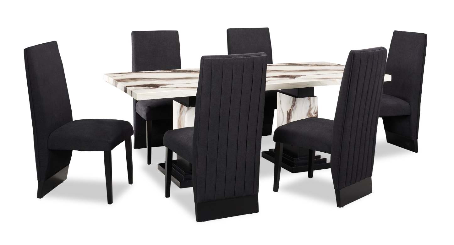 Table à manger Vega, aspect marbre, base sur pied, 82 W - Noir et blanc | Table de salle à manger Vega de 82 po (L) avec imitation de marbre et socle piédestal - noire et blanche