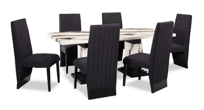 Table à manger Vega, aspect marbre, base sur pied, 82 W - Noir et blanc | Table de salle à manger Vega de 82 po (L) avec imitation de marbre et socle piédestal - noire et blanche