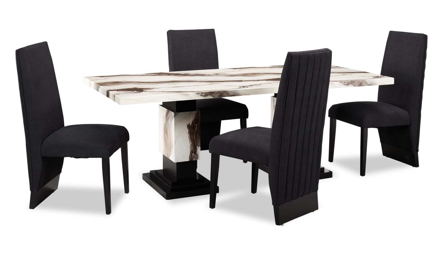 Table à manger Vega, aspect marbre, base sur pied, 82 W - Noir et blanc | Table de salle à manger Vega de 82 po (L) avec imitation de marbre et socle piédestal - noire et blanche