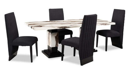 Table à manger Vega, aspect marbre, base sur pied, 82 W - Noir et blanc | Table de salle à manger Vega de 82 po (L) avec imitation de marbre et socle piédestal - noire et blanche